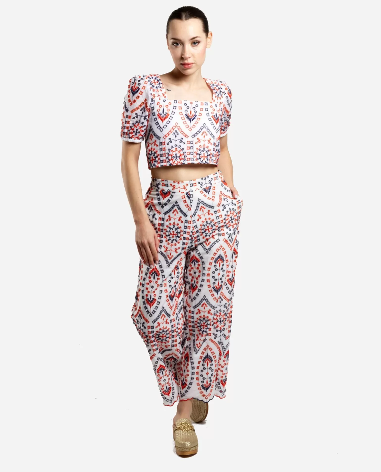 Mujer Cuplé Pantalon Bordado Algodon Multicolor