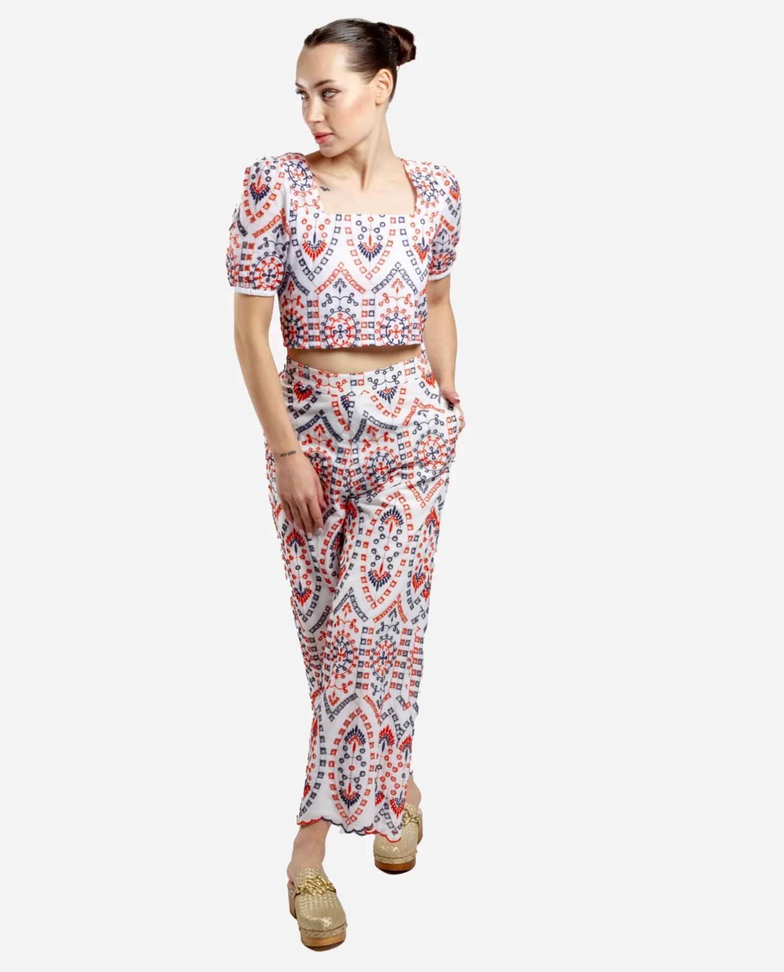 Mujer Cuplé Pantalon Bordado Algodon Multicolor